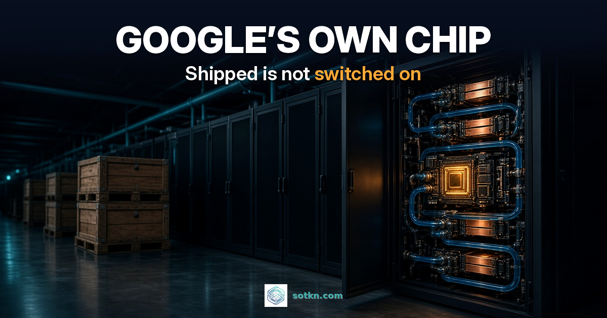 What is a TPU — GOOGLE’S OWN CHIP: one custom accelerator glowing amber in an open rack while crated hardware waits in the aisle