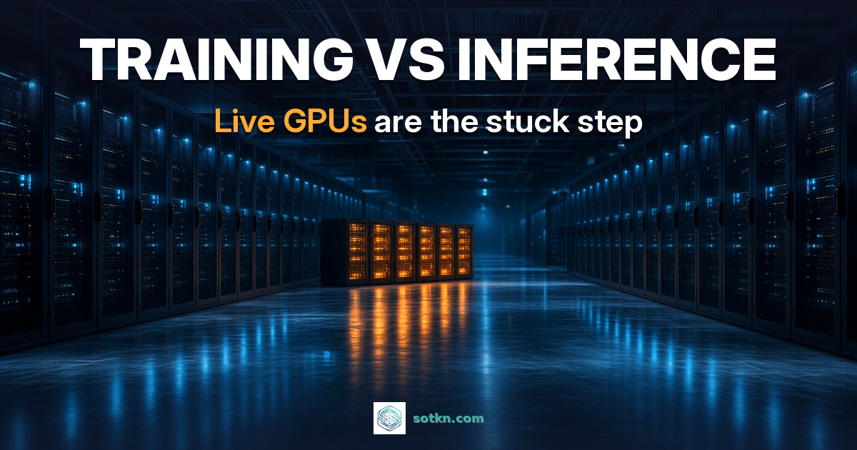 AI training vs inference — live GPUs are the stuck step: a blue-lit AI data hall with one short row of racks glowing amber
