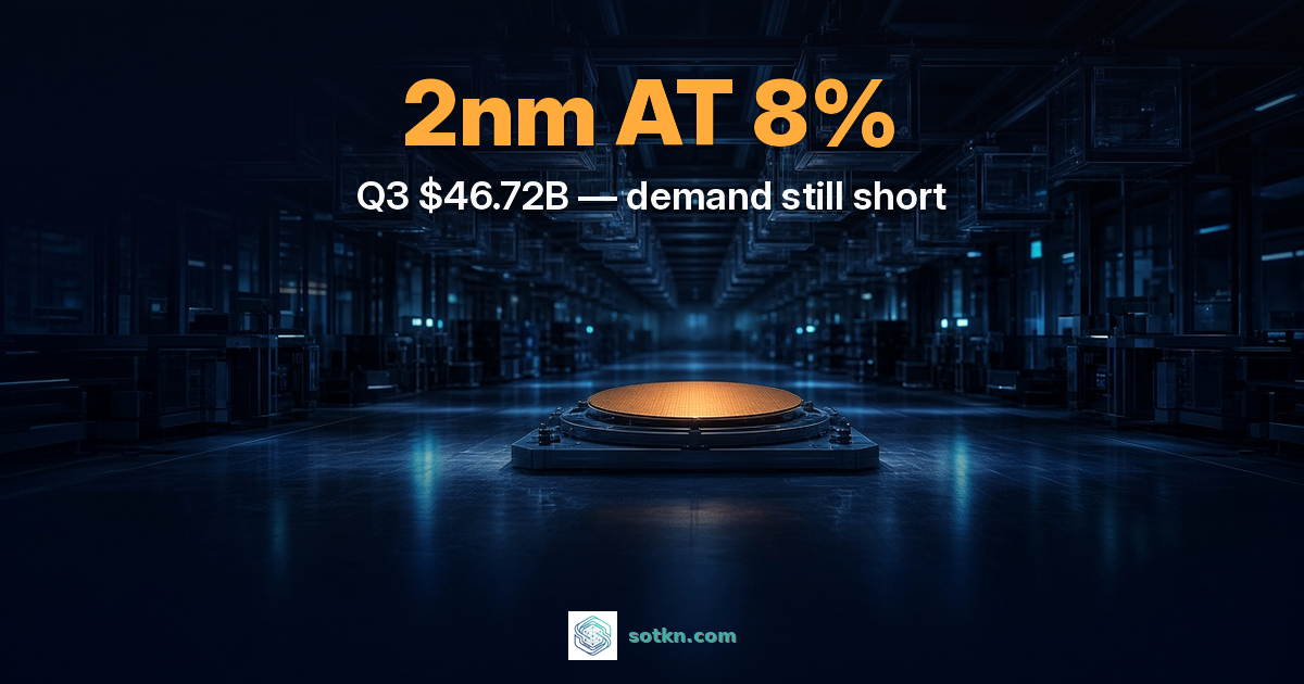 Photoreal wafer on a fab stage under amber light; overlay reads 2nm at 8% and Q3 $46.72B — demand still short.