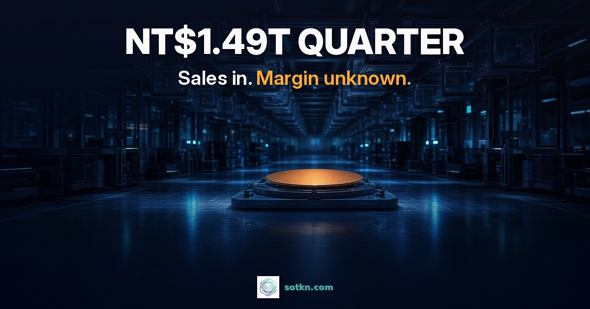 NT$1.49T quarter. Sales in, margin unknown. A dark chip fab with overhead wafer carriers and one amber-lit silicon wafer on an inspection stage.