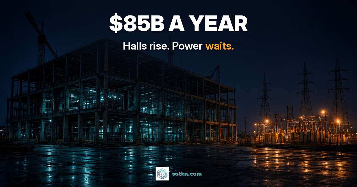 US Markets featured Oct 2026: a huge data-hall shell under construction at night beside an amber, unpowered substation; $85B A YEAR; Halls rise. Power waits. Second Order.