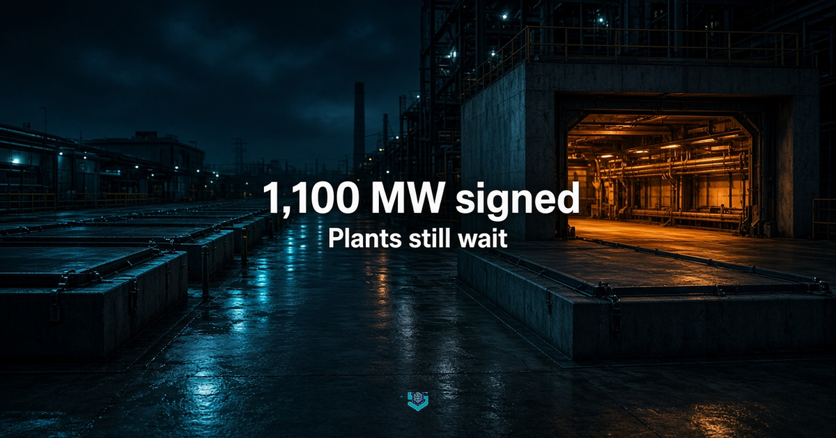 Empty Indiana generation pads in navy light versus an amber empty equipment bay: 1,100 MW signed, plants still wait