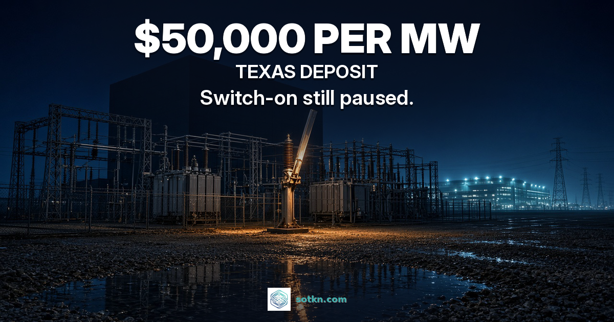 US Markets featured Oct 2026: new Texas substation at night beside a dark data center, one open high-voltage switch lit amber; $50,000 PER MW, TEXAS DEPOSIT; Switch-on still paused.