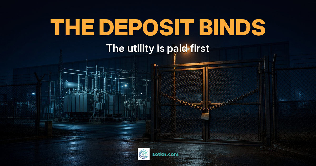THE DEPOSIT BINDS — The utility is paid first. A chained, padlocked steel gate lit amber at the entrance to a new substation at night, dark unfinished data center halls behind.