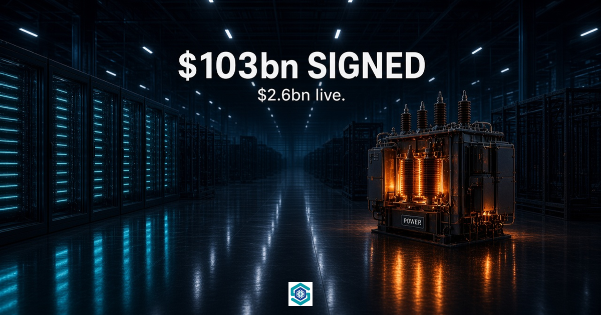 Photoreal AI hall: $103bn SIGNED over $2.6bn live, amber POWER transformer as the bind