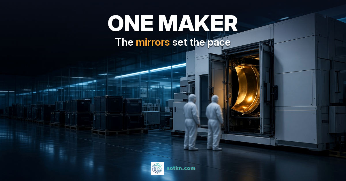 ONE MAKER — one open EUV scanner in a dark cleanroom, its gold mirror lit amber; the mirrors set the pace