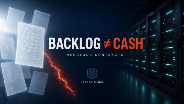 Backlog is not cash until halls are power-ready — GPU lease to contracted revenue to cash; power-ready stuck step. Second Order Markets.