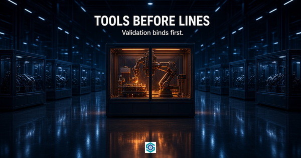 TOOLS BEFORE LINES — a packaging tool under test on a validation line, lit amber.