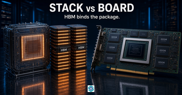 STACK vs BOARD — HBM stacks beside the die versus GDDR chips on the board.