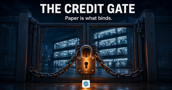 Photoreal locked industrial gate in front of a lit data-centre hall. Overlay: THE CREDIT GATE / Paper is what binds.