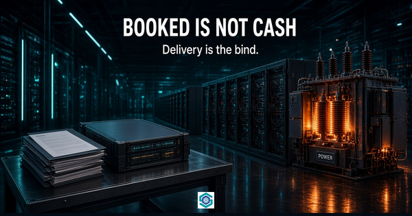 Booked cloud contracts on a table beside a dark GPU hall; amber light only on the power transformer — booked is not cash.