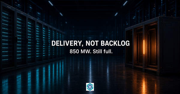 Photoreal AI data hall: live cyan GPU racks on the left, an empty amber-lit bay on the right. Overlay: DELIVERY, NOT BACKLOG — 850 MW. Still full.