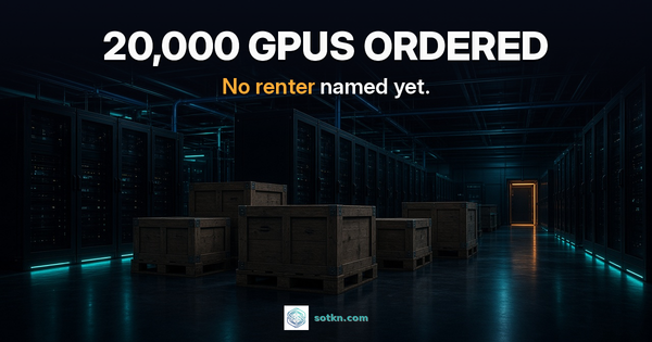 20,000 GPUs ordered. No renter named yet. A dark AI data hall with unopened shipping crates and one amber-lit doorway at the far end.