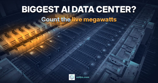 Dusk aerial of a large data center roof with rows of cooling units and backup generators, overlay Biggest AI data center? Count the live megawatts