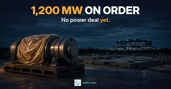 1,200 MW on order. No power deal yet. A large turbine casing wrapped in plastic on a pallet at dusk, lit amber, with a data center in the distance. Illustrative image.