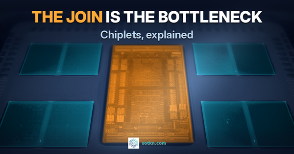 Chiplets explained: a real delidded processor with eight compute chiplets around one central die lit amber, with the words the join is the bottleneck