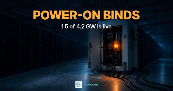 POWER-ON BINDS — 1.5 of 4.2 GW is live. A dark AI data hall at night with rows of unlit server racks and one open switchgear cabinet whose main breaker glows amber.