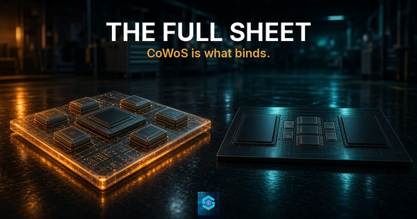 Photoreal CoWoS full silicon interposer glowing amber beside a dark EMIB organic substrate — the full sheet is the bind