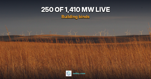 Golden prairie grass under a dark sky with a line of wind turbines on the horizon in Dickey County, North Dakota
