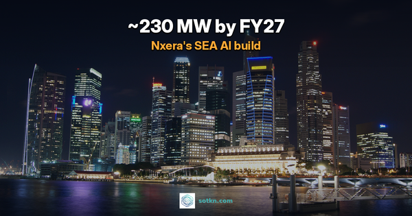 Singapore skyline at night, the city where Nxera runs 120 MW of data centres including the 58 MW DC Tuas campus