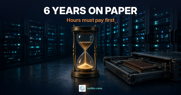 6 YEARS ON PAPER — hourglass beside an ageing GPU server tray; the hours must pay first