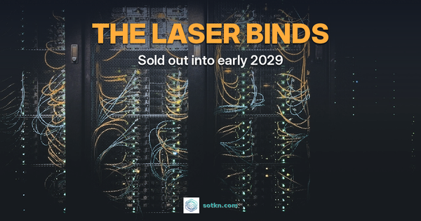 THE LASER BINDS — Sold out into early 2029. Dark AI server racks with dense amber and teal fiber-optic cabling behind mesh doors; amber marks the sold-out optics bind.