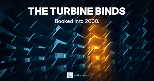 THE TURBINE BINDS - Booked into 2030. Close-up of gas turbine compressor blades graded navy and teal, with one blade stage lit amber marking the bind.