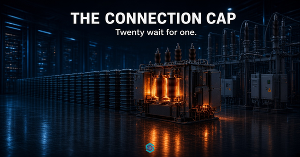 Photoreal switchgear: one amber 200 MW connection, a queue of dark cabinets waiting. THE CONNECTION CAP / Twenty wait for one.