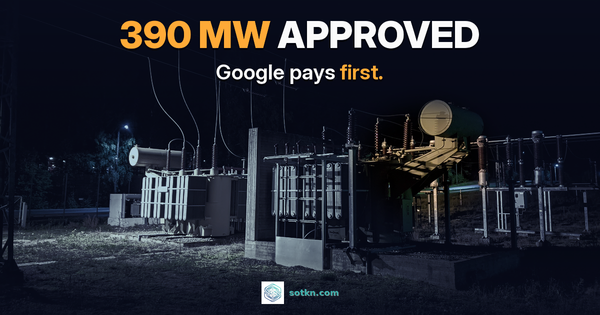 390 MW APPROVED. Google pays first. Night electrical substation, amber only on one breaker — the cost bind on who funds the Monrovia wires.
