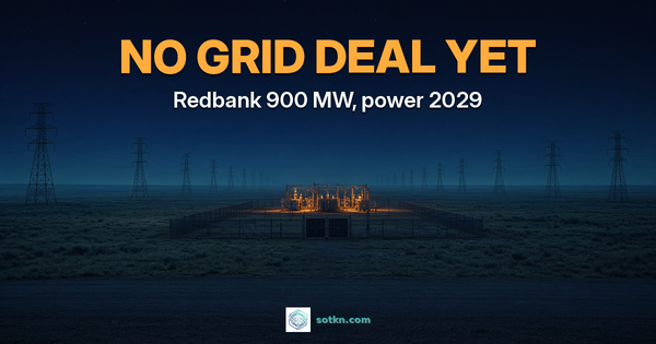 NO GRID DEAL YET, Redbank 900 MW, power 2029. Night grassland with a line of transmission towers and one amber-lit fenced switchyard in the centre.