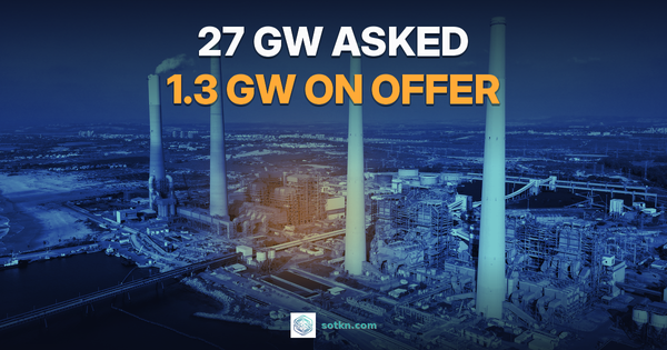 27 GW asked, 1.3 GW on offer. Aerial view of the Orot Rabin power station chimneys in Hadera, graded navy, with an amber glow on the plant.