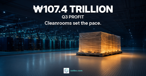 Korea Markets featured Oct 2026: new empty memory-fab cleanroom at night, one wrapped tool crate lit amber; ₩107.4 TRILLION Q3 PROFIT; Cleanrooms set the pace. Second Order.