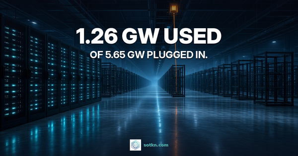 Malaysia data centre featured: 1.26 GW used of 5.65 GW plugged in; one live power tap lit amber over an empty rack
