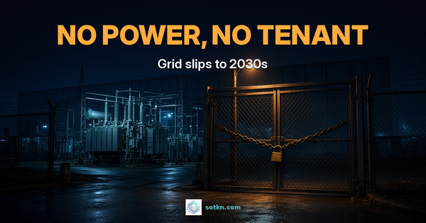 Photoreal night substation behind a chained, padlocked steel gate lit amber; overlay reads No power, no tenant, Grid slips to 2030s.