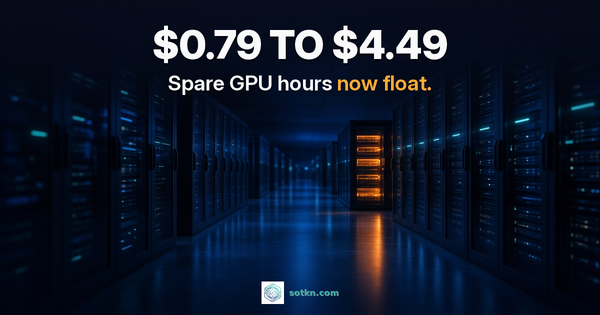 $0.79 to $4.49. Spare GPU hours now float. A dark GPU data hall aisle with one server rack glowing amber.