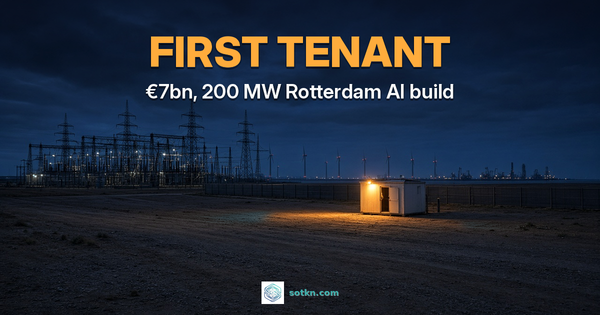 FIRST TENANT, €7bn, 200 MW Rotterdam AI build. Empty port plot at night beside a high-voltage substation and distant wind turbines, one amber-lit site cabin in the foreground.