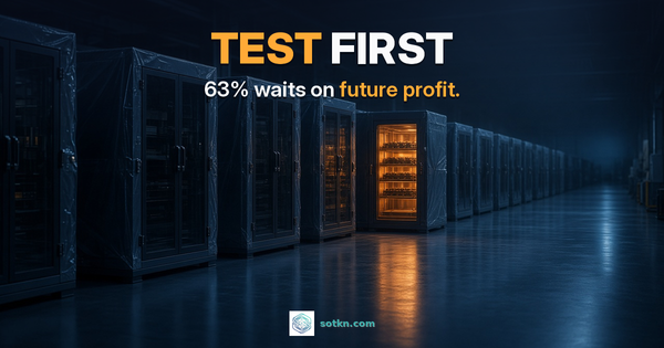 TEST FIRST — 63% waits on future profit. A dark memory test hall with rows of wrapped burn-in chambers and one chamber lit amber.