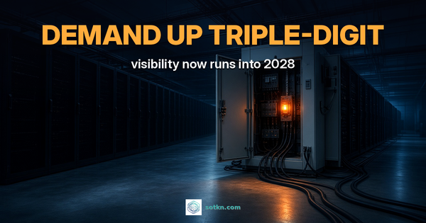Photoreal dark data hall with an open electrical panel glowing amber; overlay reads Demand up triple-digit, visibility now runs into 2028.