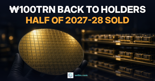 ₩100trn back to holders, half of 2027-28 sold. A gloved hand holds a gold-lit memory wafer beside shelves of memory modules. Illustrative.