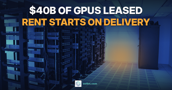 $40B of GPUs leased, rent starts on delivery. A row of data center server racks beside an empty raised floor. Illustrative.