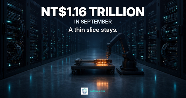 Taiwan Markets featured Oct 2026: AI rack factory floor at night, one amber-lit tray on a test bench; NT$1.16 TRILLION IN SEPTEMBER; A thin slice stays. Second Order.