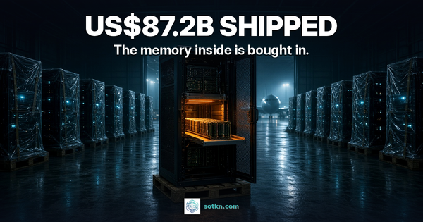 Taiwan exports featured: US$87.2B shipped; one open AI server rack with its memory lit amber in a night air-cargo hall