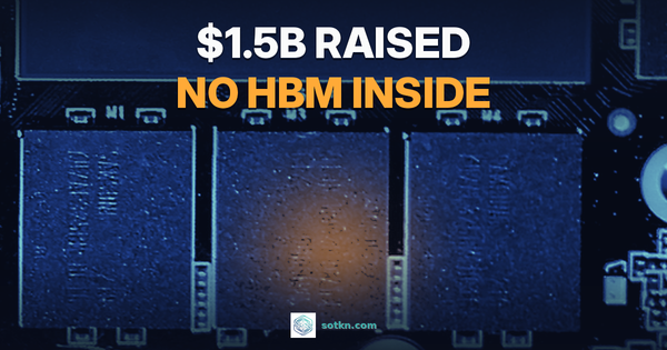 $1.5B raised, no HBM inside. Close-up of three GDDR6 memory chips beside a processor on a circuit board, graded navy, with an amber glow on the memory.
