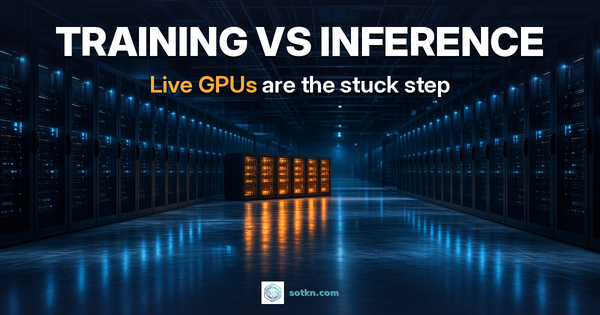 AI training vs inference — live GPUs are the stuck step: a blue-lit AI data hall with one short row of racks glowing amber