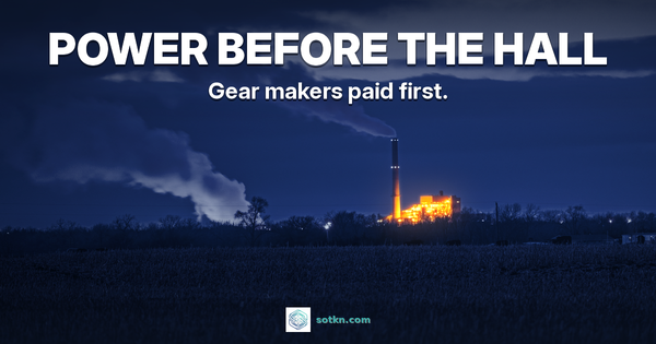 US AI data centre power featured: Power before the hall, gear makers paid first; a lit power plant on an empty night field, the plant lit amber