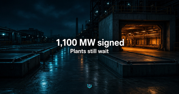 Empty Indiana generation pads in navy light versus an amber empty equipment bay: 1,100 MW signed, plants still wait