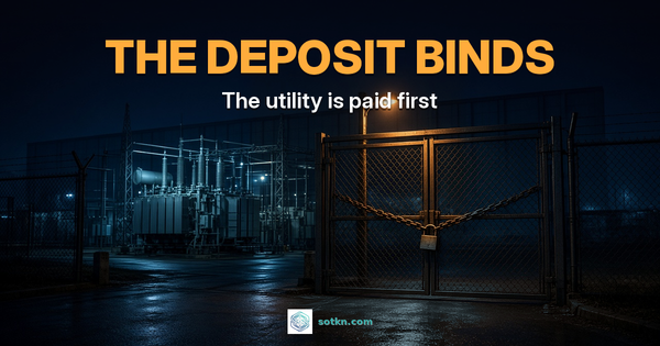 THE DEPOSIT BINDS — The utility is paid first. A chained, padlocked steel gate lit amber at the entrance to a new substation at night, dark unfinished data center halls behind.