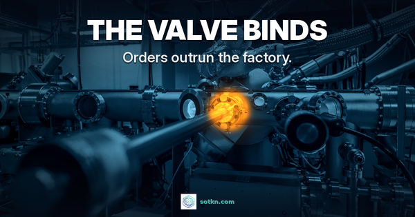 THE VALVE BINDS - Orders outrun the factory. Ultra-high-vacuum chambers graded navy and teal, with one bolted vacuum port lit amber marking the bind.