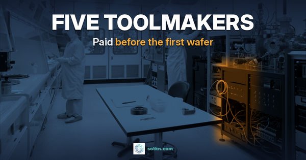 Who makes wafer fab equipment — FIVE TOOLMAKERS, paid before the first wafer: a dark semiconductor clean room with one tool bay lit amber