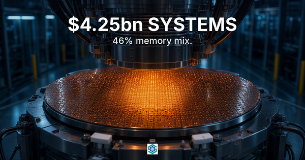 Photoreal etch chamber carving a high-aspect-ratio memory wafer; $4.25bn systems, 46% memory mix.